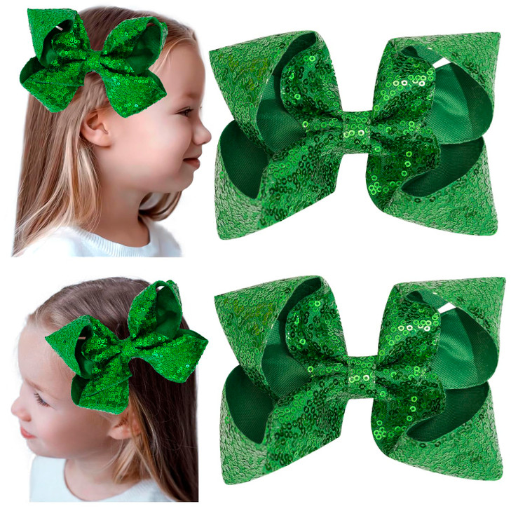2 PCS 6 Inches Sequins Large Bows Alligator Hair Clip Hair Barrettes Accessories for Women Teens Girls Kids (Green)