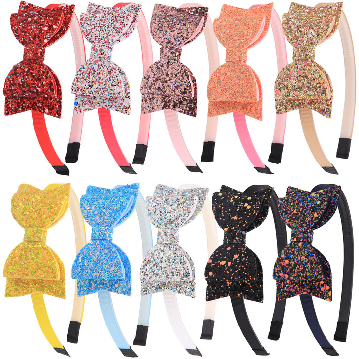 XIMA 10pcs Glitter Sequin Bow Hairband Shiny Bow Knot Teeth Plastic Headbands for Kids Hair Accessories