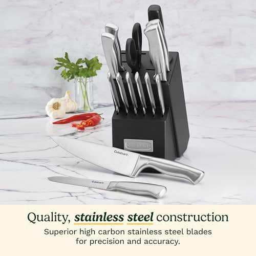 Cuisinart Stainless Steel Hollow Handle 15-Piece Cutlery Block Set, Kitchen Knife Set with Steel Blades for Precise Cutting, Durable Knives with Ergo