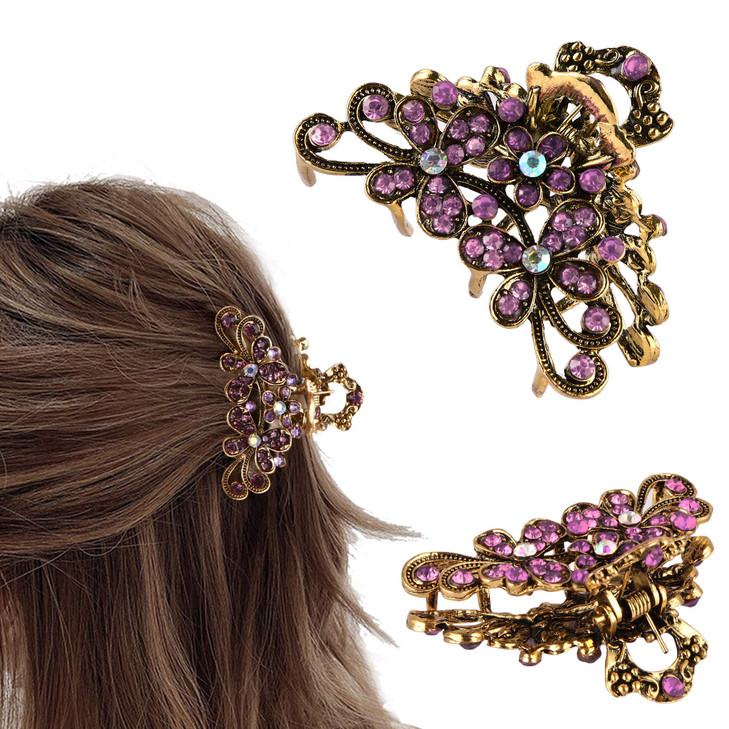 CROWN GUIDE Vintage Rhinestone Hair Claw Crystal Jaw Clips,Metal Alloy Fancy Hair Barrette Decorative Flowers Hair Clasps Accessories for Women Thick