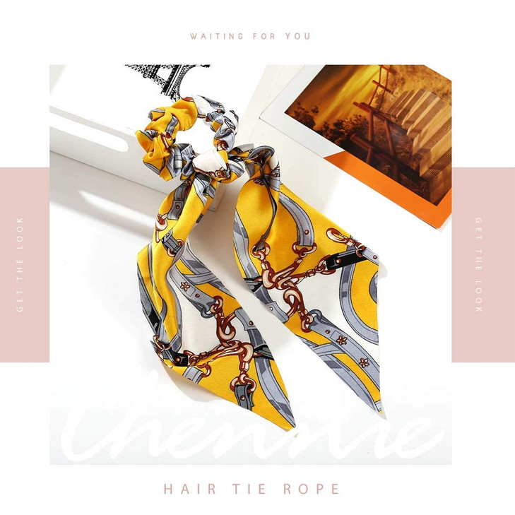 Chennie Bowknot Hair Scrunchies Yellow Elastic Bow Hair Ties Chiffon Hair Ropes Hair Accessories Ponytail Holder for Women and Girls (Pack of 4)