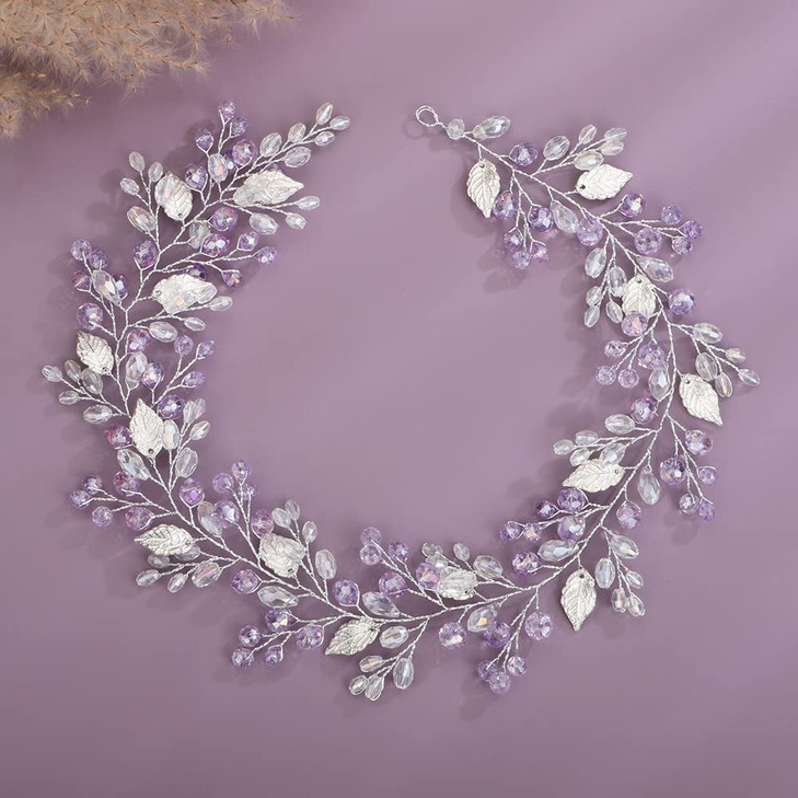 Teyglen Bridal Wedding Hair Vine Headband Silver Crystal Leaf Hair Pieces Handmade Blue Red Green Rhinestone Headpiece Hair Accessories for Women Bri