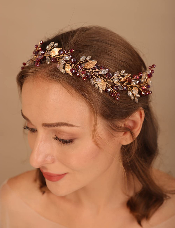 Teyglen Bridal Wedding Hair Vine Headband Silver Crystal Leaf Hair Pieces Handmade Blue Red Green Rhinestone Headpiece Hair Accessories for Women Bri