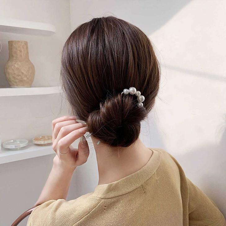 Iaceble Minimalist Pearl U Shape Hairpin Metal Silver Hair Fork Stick Updo Hair Sticks Clip French Pearl Hair Pin Decorative Hair Accessories for Wom