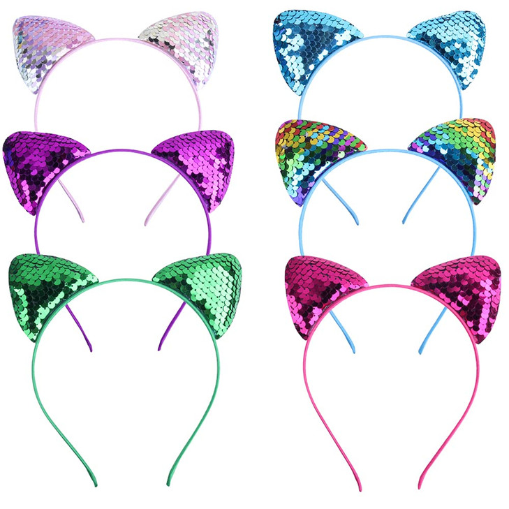 ericotry 6PCS Sequin Cat Ears Headband Shiny Hair Hoops Hair Accessories for Women Girls Daily Wearing and Party Decor (Color Random)