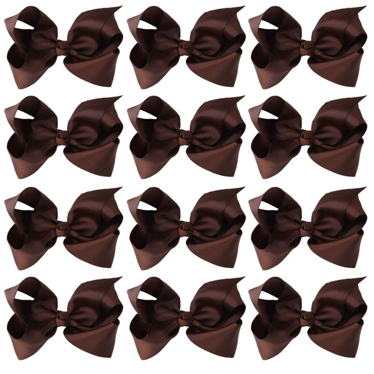 4 Inch Boutique Girls Hair Bows Hair Clips for Girls Toddlers 12 Pcs Solid Color (Brown)