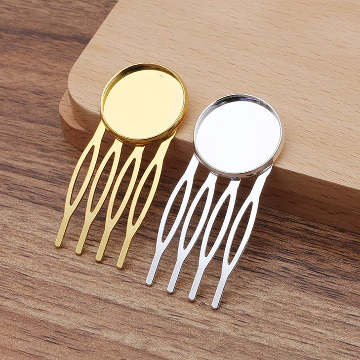 10 Pcs Blank Hair Combs 4 Teeth Hair Side Combs Bases with 20mm Round Blank Cabochon Setting Tray for DIY Hair Accessories Making Supplies