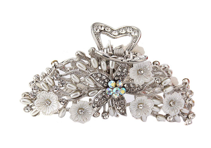 Vintage Metal Rhinestone Fancy Hair Claw Large Size Imitation Pearl Hair Jaw Clips Hair Clasps Accessories for Women Lady (Silver-B#)