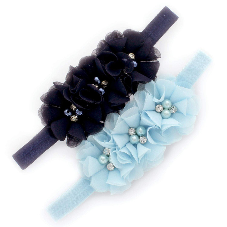 My Lello Girls Flower Headbands Toddler Fabric Beaded Trio Stretchy Elastic Pair (Navy/Frosty Blue)