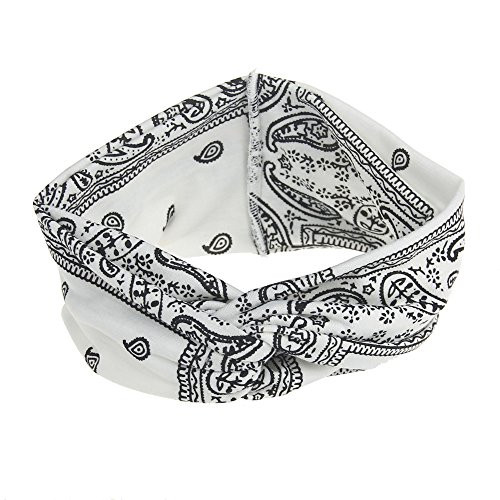 DINPREY Assorted Paisley Print Wide Bandana Knot Headbands Criss Cross Head Wrap Hair Band (White)