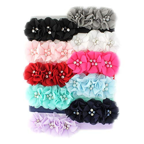 My Lello Baby Flower Headbands Fabric Beaded Trio Stretchy Elastic Variety Pack Classic Popular Colors 10 pcs
