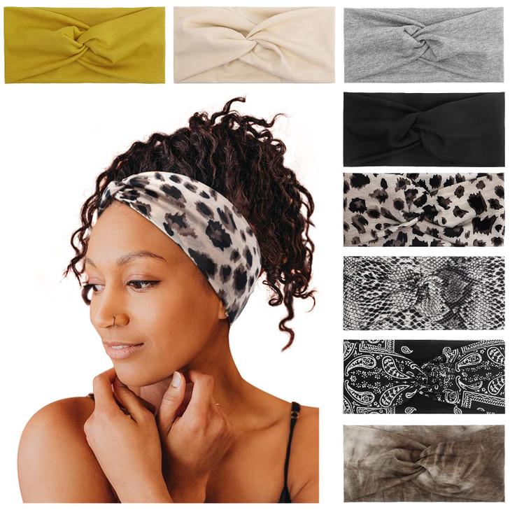 Tobeffect 8 Pack Turban Headbands for Women Non Slip Leopard Print Boho Head Wrap Accessories Elastic Hair Band for Women's Hair