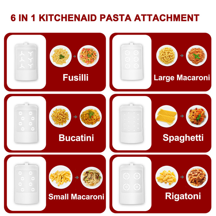 KRISVI 6 in 1 Pasta Attachment for Kitchenaid Stand Mixer, Durable Pasta Maker Attachment for Easy Homemade Fresh Noodles with 6 Different Shapes Pas