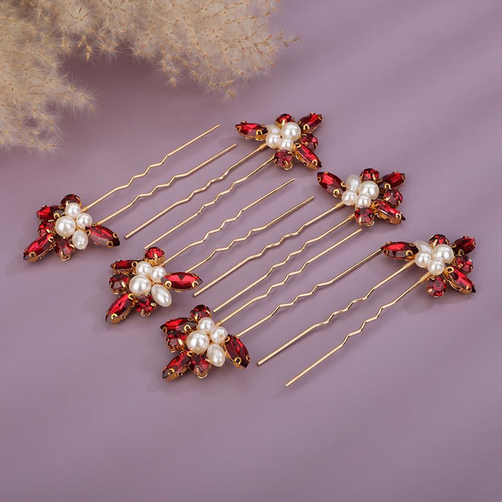 Teyglen 6pcs Crystal Pearl Bridal Hair Pins Red Rhinestone Wedding Hair Pins Clips Set Handmade Rhinestone Hair Piece Decorative Hair Accessories for
