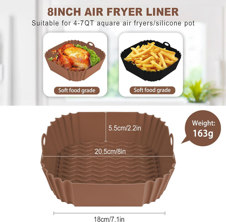 Boribim 2 PCS Square Silicone Air Fryer Liners - 8 Inch Reusable Air Fryer Pot - Air Fryer Accessories - Air Fryer Inserts for 4 to 7 QT Oven Microwa