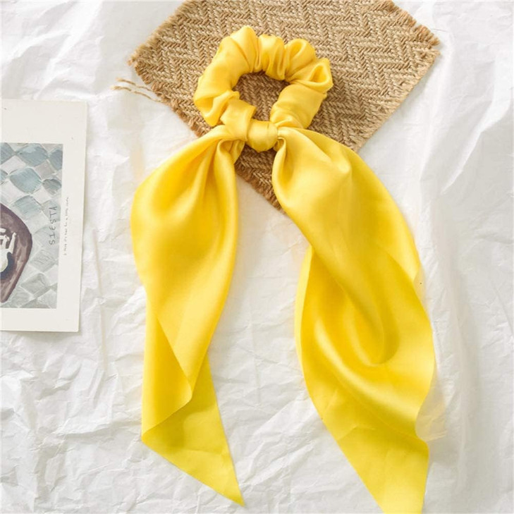 1Pc Yellow Women Girl Bow Satin Ribbon Ponytail Scarf Hair Tie Rope Scrunchies Elastic Band Hair Scrunchies Bands Elastics and Ties Clips and Barrett