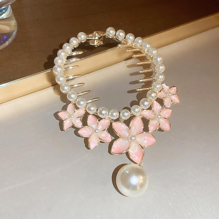 Jumwrit Pearl Flower Ponytail Buckle Hair Clip Strong Hold Gold Metal Bun Claw Clip Floral Tassel Hair Barrette Cuff Hairpin Fashion Hair Styling Acc
