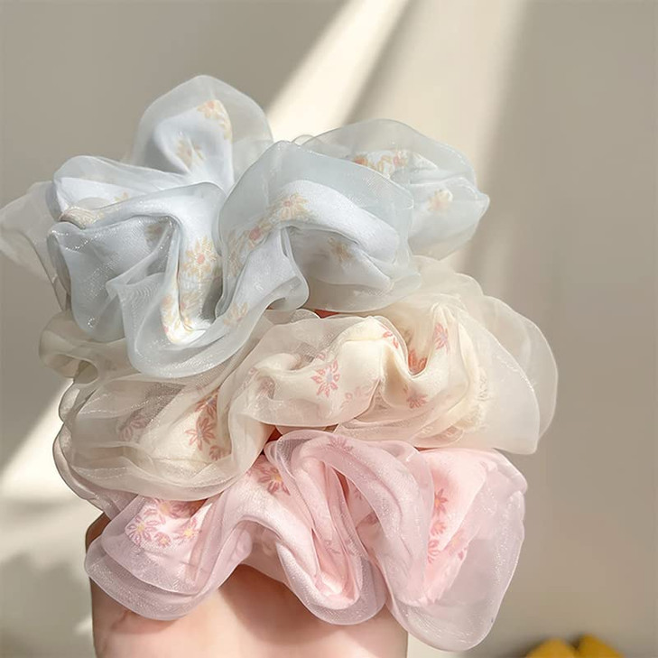 Daisy Scrunchies Hair Elastics for Women Girls Organza Hair Scrunchies with Daisy Flower Hair Rubber Bands for Thick Hair Styling Accessories 3 Pcs