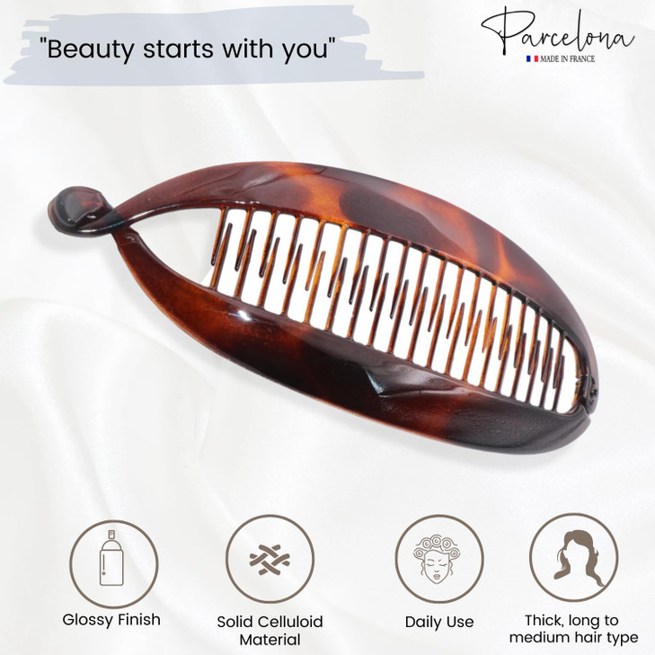 Parcelona French Narrow Large 6 1/2" Tortoise Shell Celluloid Made in France Ponytail Holder Banana Hair Clip for Women and Girls