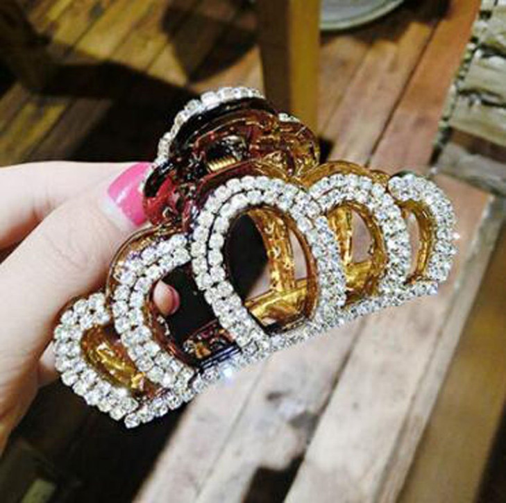 Girls Women Lady Elegant Crown Hairpin Large Fancy Rhinestones Claw Clip Jaw Clips for Thick Hair (Brown)