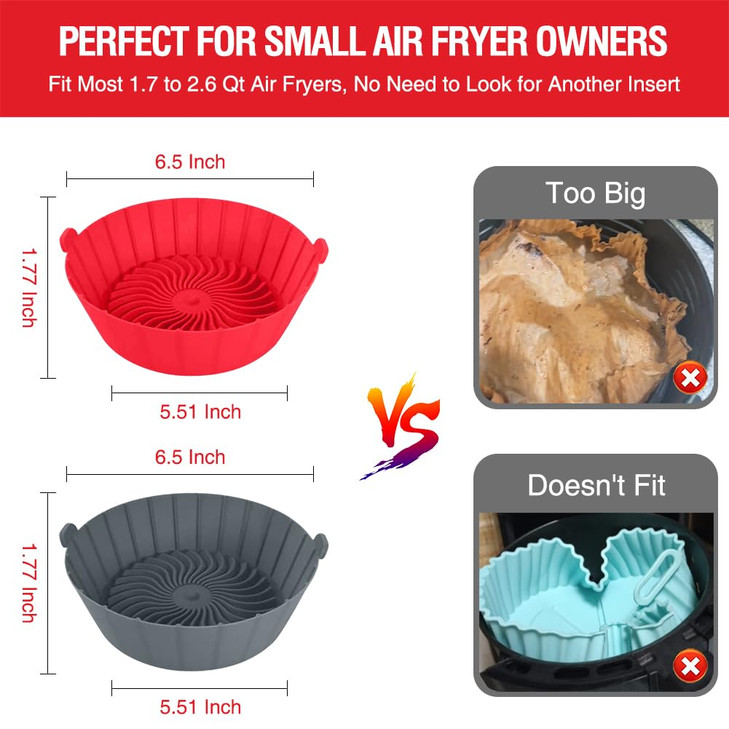 Small Air Fryer Silicone Liners for COSORI/Instant Pot/Chefman/Ninja/Dash/Bella/GoWise/COSMO Air Fryer 2QT 2.1QT 2.3QT 2.5QT, 2 Pack Reusable Silicon