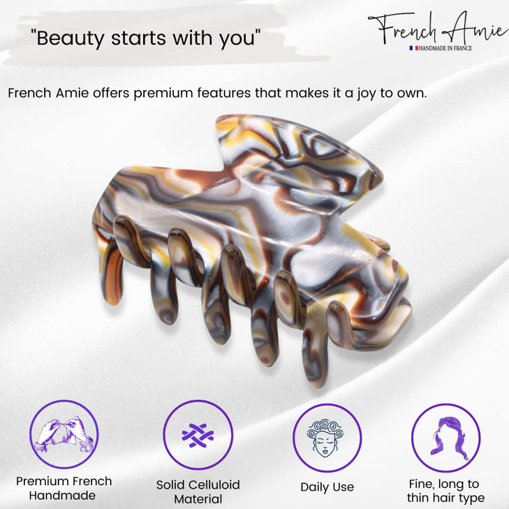 French Amie Chic Handmade Small Onyx Silver Grey Celluloid Jaw Hair Claw Clip (Onyx)