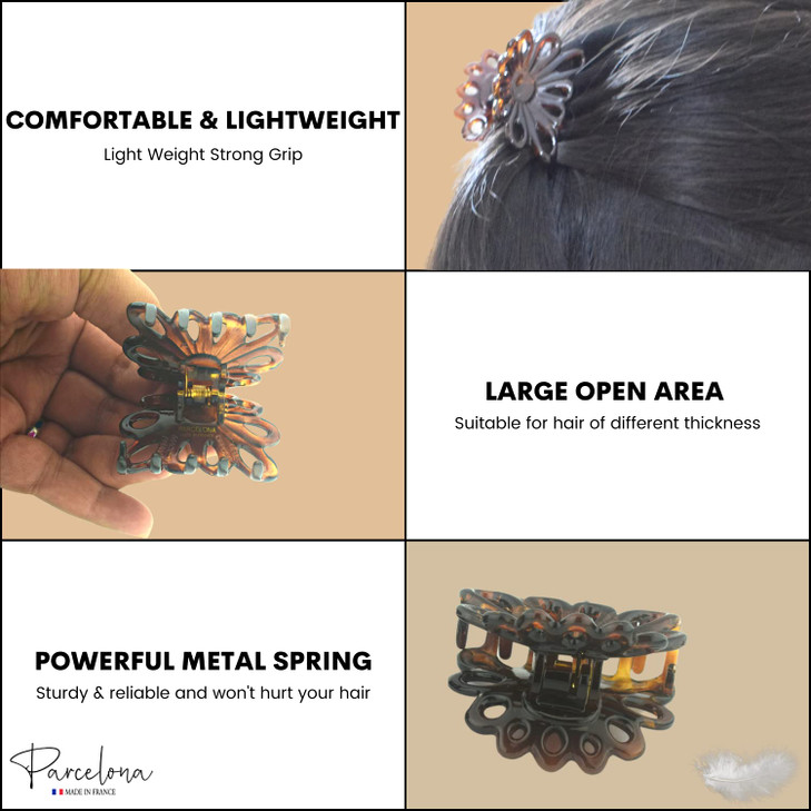 Parcelona French PLUME Small Brown Shell and Black Set of 2 Celluloid Tortoise Jaw Hair Claw Clip Clamp Clutcher - 2 Inch