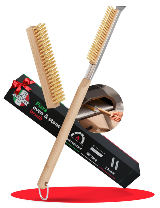 26 Pizza Oven Brush with Stone Scraper - Heat Resistant Stainless Steel Bristles, Extra Long Handle - Compatible with Ooni Ovens - Includes Spare He