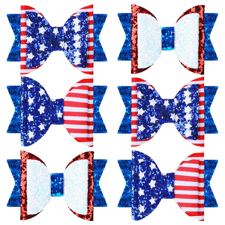 Whaline 4th of July Bow Hair Clips 6pcs Glitter American Flag Barrette Hair Bow Patriotic Stars and Stripes Hairgrips Baby Girls Women Hair Accessori
