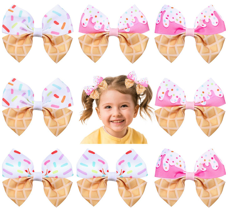 Whaline 8Pcs Ice Cream Bow Hair Clips Ice Cream Ribbon Hair Bow Barrette Summer Colorful Hairgrips Alligator Hair Clips for Girls Women Hair Accessor