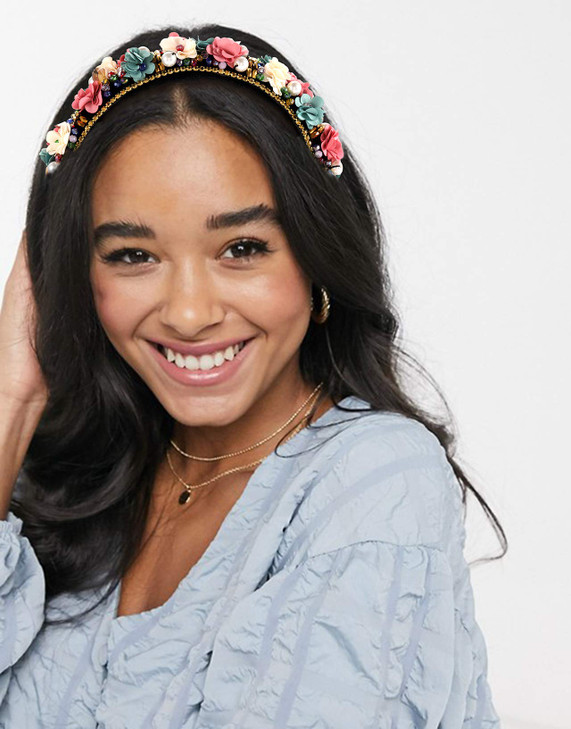 CENAPOG Baroque Crystal Rhinestone Headbands Flower Padded Hairbands for Women Girls Pearl Colorful Bead Embellished Headbands Bejewelled Wide Velvet