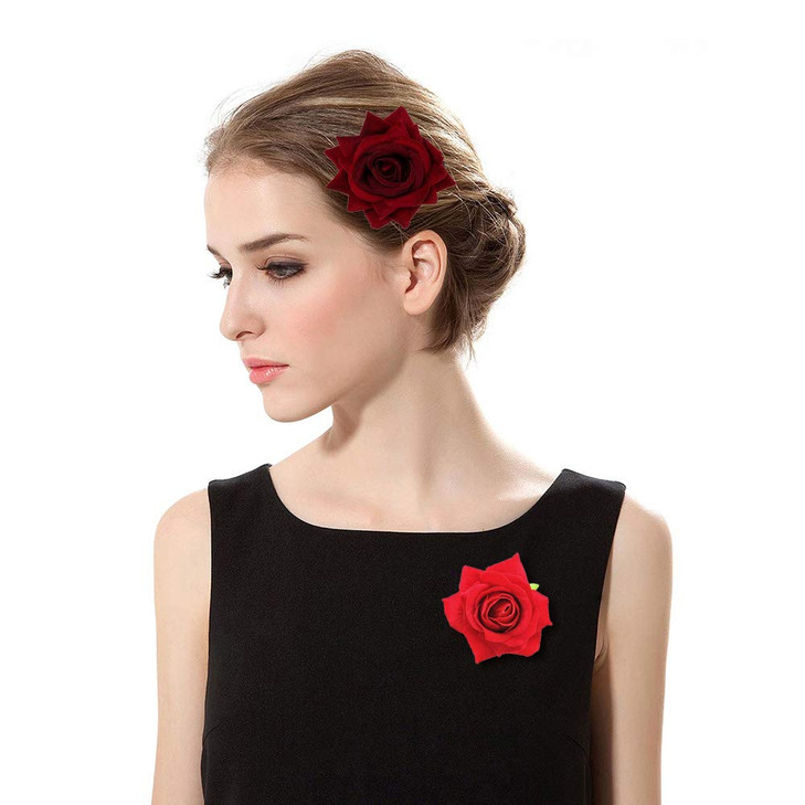 Rose Flower Hair Clip Comb Red Rose Flower Brooch Pins Up Flamenco Dancer Bride Wedding Fabric Flowers Hairpins Headwear Barrette Styling Tools Acces