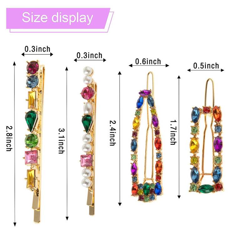 4Pcs Vintage Colourful Rhinestones Hair Clips, Duckbill Alligator Hair Pins, Crystal Pearl Hair Barrettes, Elegant Metal Bobby Hairpin Hair Accessori