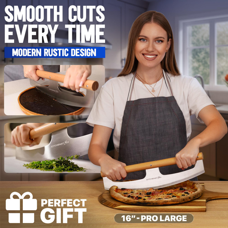 KitchenStar 16-Inch Pizza Cutter Rocker Blade - Razor Sharp Stainless Steel Slicer Knife, Stylish Beech Wood Handle, Protective Cover - Professional