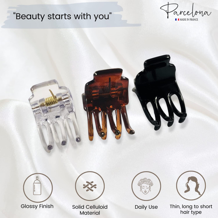 Parcelona French Pinch Mini Tortoise Brown Black Clear Celluloid Acetate Jaw Hair Claw Clips