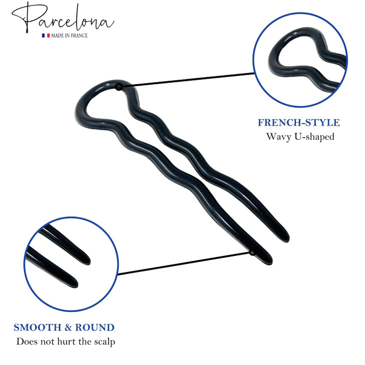 Parcelona French Sleek 3.5 Inch Large Set of 2 Wavy Crink U Shaped Black Chignon Hair Pin