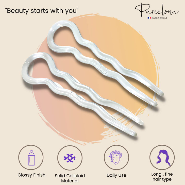 Parcelona French Sleek Clear 3.5" Large Celluloid U Shaped Chignon Bun Hair Pins for Women, Made in France (2 in Pack)
