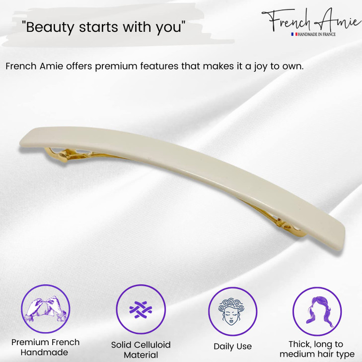 French Amie Long and Skinny Bar Solid Ivory Large 4 1/4" Celluloid Acetate Handmade Automatic Hair Clips Hair Barrette with No Slip Sturdy Silver Cla