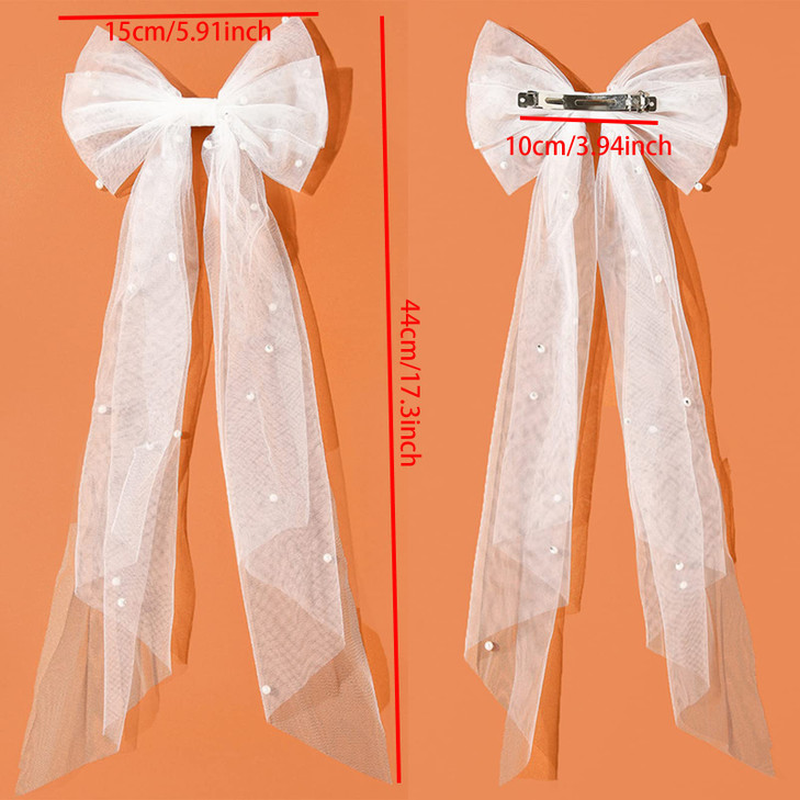 aoozleny Bridal Hair Bow Veil Hair Clip,Veil Hairpins with Pearl Mesh Bow Hair Clips (White)