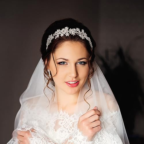 Ammei Headpiece Wedding Headband Crystal Bridal Headdress Flower Design Headpiece For Women (Silver)