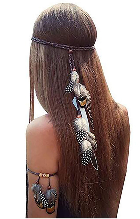 Set of 2 Gypsy Hippie Feather Headband Headdress and Armband Bohemian Headwear Headpiece Handmade Tribal Indian Fascinator Feather Hairband Hair Acce