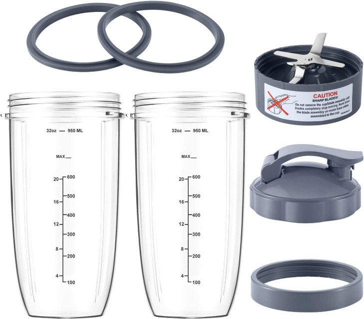 7 Pieces nutribullet Blender Cups & Blade Replacement Set 32oz Huge Cup with 1 Flip-Top To-Go Lid and 1 Lid Ring & Premium Extractor Blade with Compa