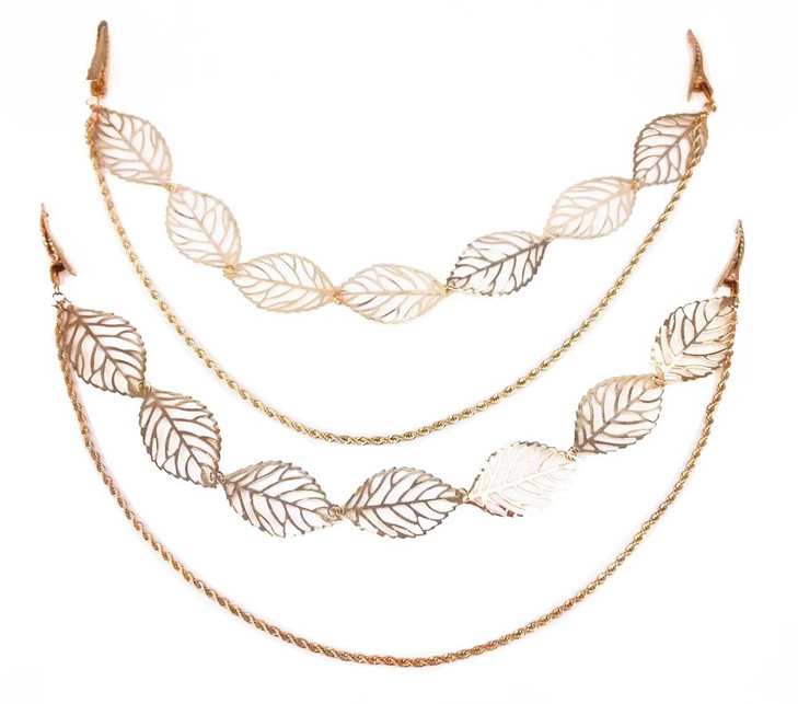 yueton 2pcs Fashion Ladies Hollow Out Leaves Gold Chain Alligator Clips Barrettes Bobby Pin Hair Clips Bride Headwear Edge Clip Clamps Headbands