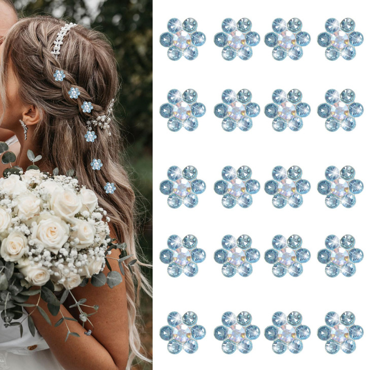 YISSION 20Pcs Mini Rhinestone Flower Hair Clips Cute Blue Hair Pins Small Decorative Hair Clips Wedding Hair Barrettes Bridal Hair Accessories for Gi