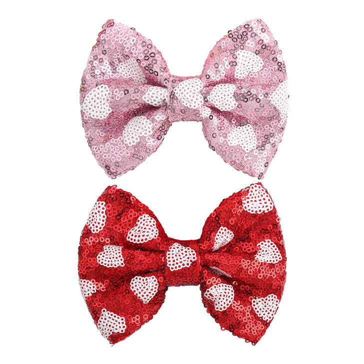 Lanmerry Valentine's Day 5 Inch Glitter Hair Bows Clips Large Sequins Bow Hair Clips Red Pink Love Heart Hair Barrettes Hair Accessories for Girls Ch