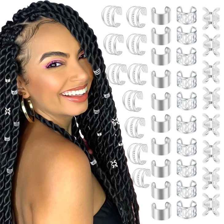VENOFEN 40PCS Hair Jewelry for Braids Silver Hair Cuffs Rings Multi Shape Loc Dreadlock Beads Adjustable Braid Accessories for Women and Girls
