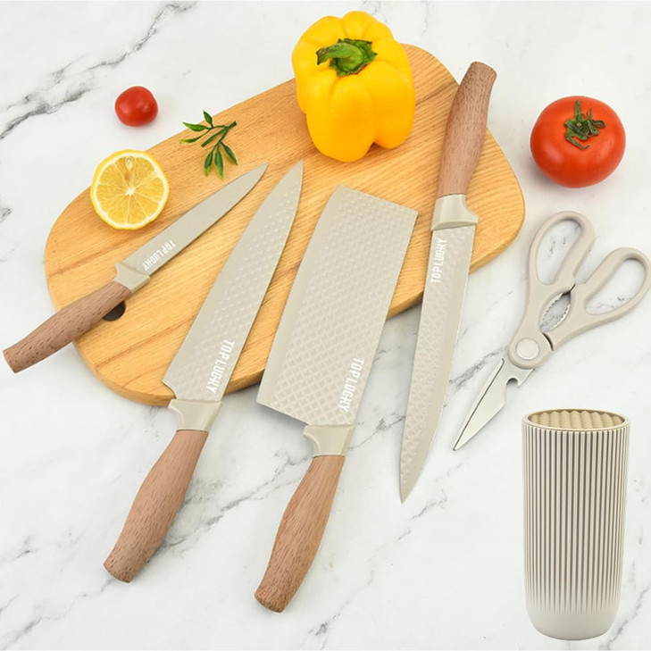Knife Set, Wiztoynia 6-Piece Khaki Kitchen Knife Set for Home, Anti-Rust Non-stick Stainless Steel Sharp Chef Knife Sets with Universal Knife Block f