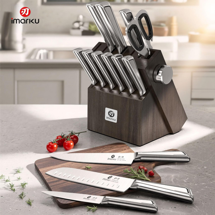Knife Sets for Kitchen with Block imarku G14 Japanese Knife Set Stainless Steel Kitchen 14pcs, Built-in Sharpener, Sharp Knives with Non-slip Ergonom
