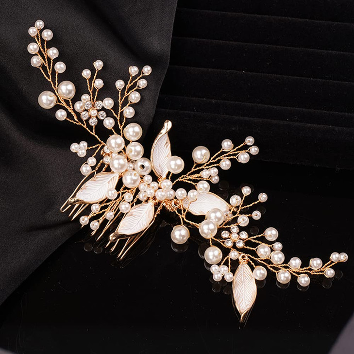Teyglen Gold Leaf Headpiece Pearl Bride Wedding Hair Comb Gold Leaf Pearl Side Hair Comb Handmade Hair Pieces Bridal Hair Accessories for Women Bride