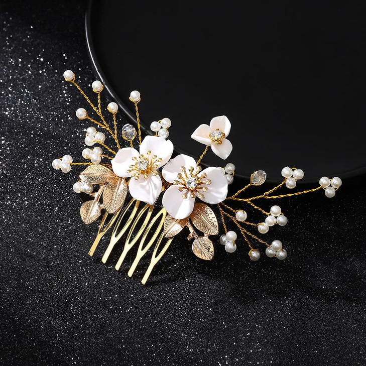 Jakawin Flower Bride Wedding Hair Piece Gold Leaf Hair Comb Pearl Bridal Hair Accessories for Women HC132